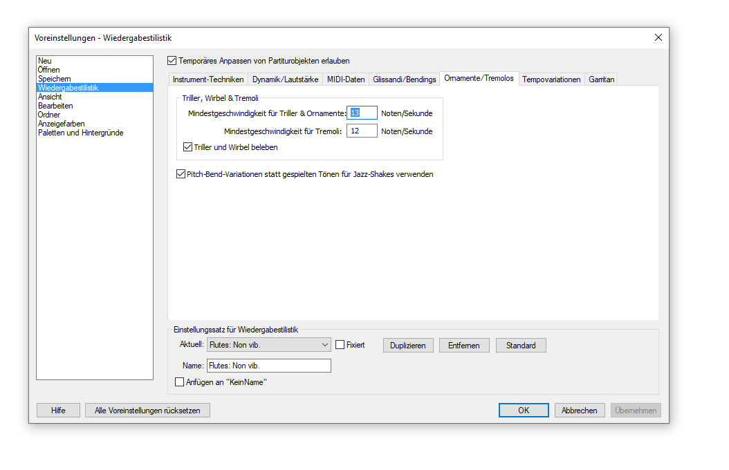 Dialogbox Einstellungen für Wiedergabestilistik – Ornamente und Tremoli
